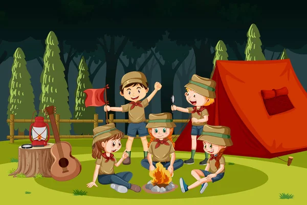 Camping Aire Libre Con Niños Scout Ilustración — Archivo Imágenes Vectoriales