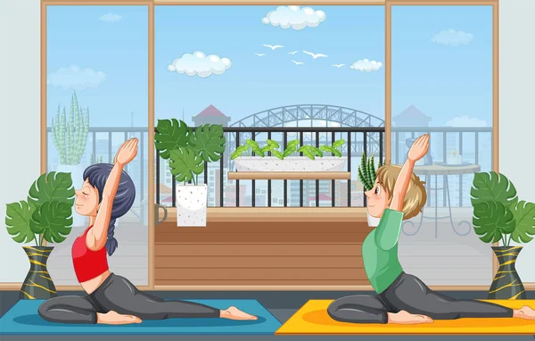 Couple Faisant Yoga Maison Illustration — Image vectorielle