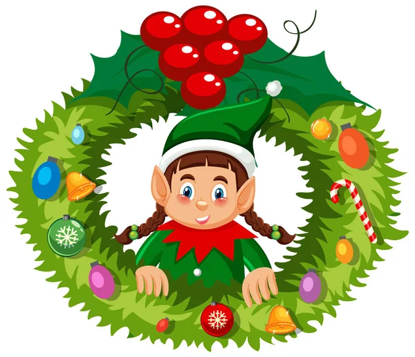 Elf Vánoční Věnec Kresleném Stylu Ilustrace — Stockový vektor