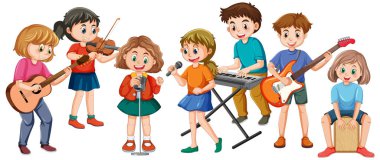 Müzik aletleri çizen mutlu çocuklar.