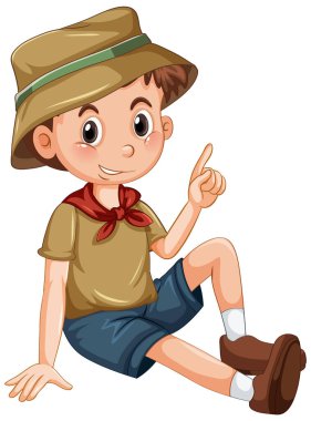 Beyaz arka planda oturan sevimli kamp çocuğu.