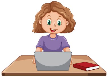 A girl using laptop cartoon illustration