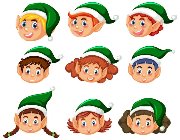 Boże Narodzenie Elf Twarz Kolekcja Ilustracja — Wektor stockowy