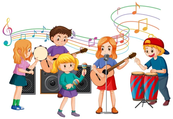 Niños Tocando Diferentes Instrumentos Musicales Ilustración — Archivo Imágenes Vectoriales