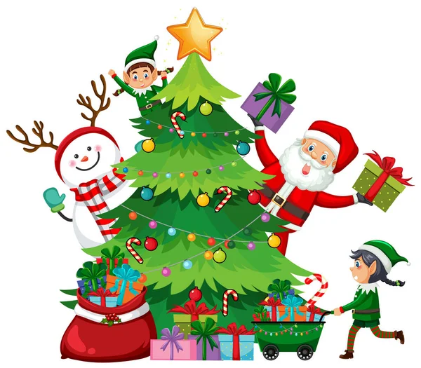 Weihnachtsbaum Mit Weihnachtsmann Und Elfen Illustration — Stockvektor