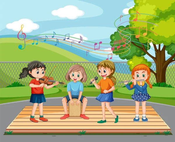 公園のイラストで音楽を演奏する子供たち — ストックベクタ