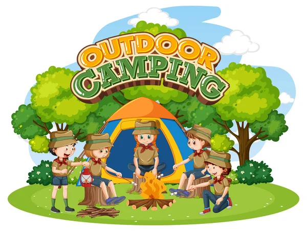 Camping Bambini Con Campeggio All Aperto Testo Illustrazione — Vettoriale Stock