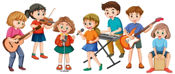 Niños Felices Tocando Instrumentos Musicales Ilustración — Vector de stock