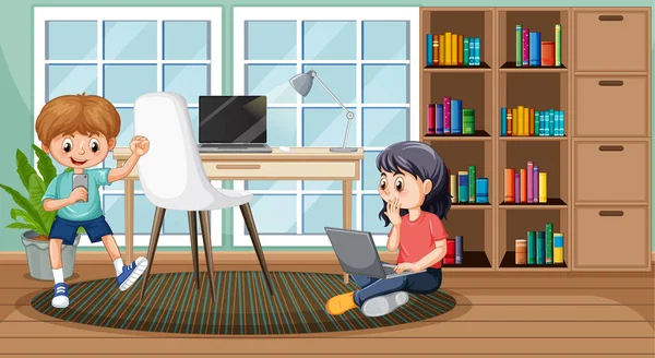 Enfants Utilisant Des Dispositifs Technologiques Maison Illustration — Image vectorielle