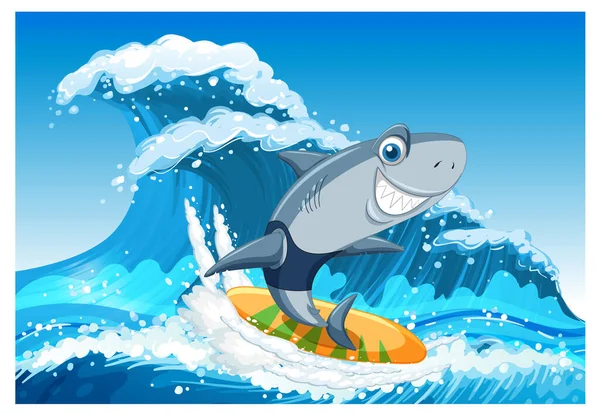Cute Shark Cartoon Character Surfing Ocean Scene Illustration — ストックベクタ