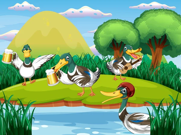 Outdoor Scene Cartoon Ducks Illustration — Image vectorielle