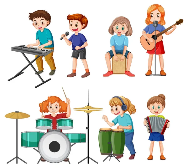 Set Kids Playing Different Musical Instrument Illustration — Stock Vector