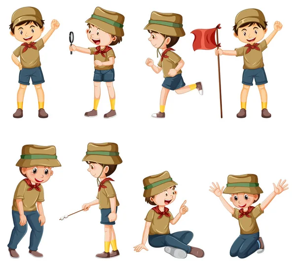Set Bambini Campeggio Cartone Animato Personaggio Illustrazione — Vettoriale Stock