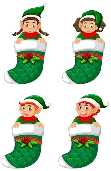 Noel Çorabındaki Elf Çizgi Film Karakteri Çizimi — Stok Vektör