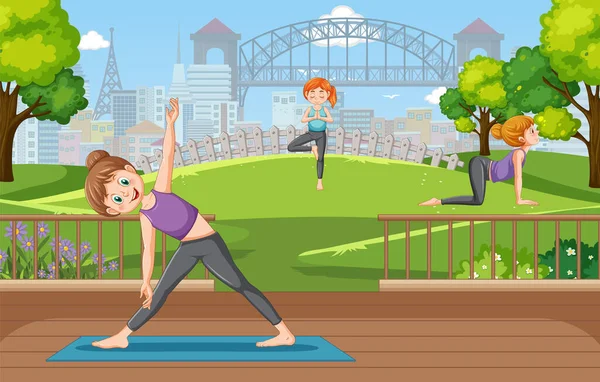 People Doing Yoga Park Illustration — Stock Vector