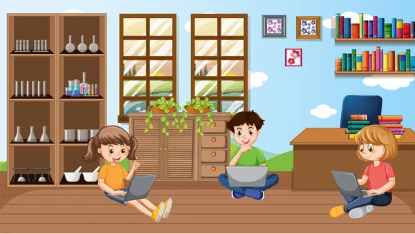 Niños Usando Dispositivos Tecnológicos Casa Ilustración — Vector de stock