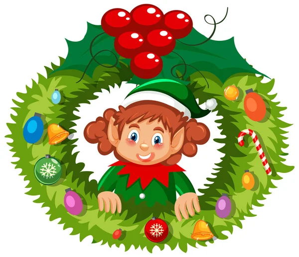 Elf Vánoční Věnec Kresleném Stylu Ilustrace — Stockový vektor