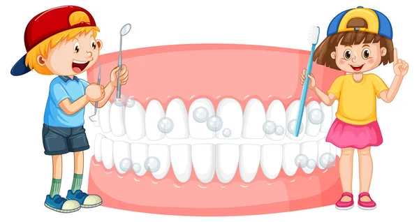Crianças Segurando Espelho Dental Escova Dentes Com Dentes Brancos Sobre —  Vetores de Stock