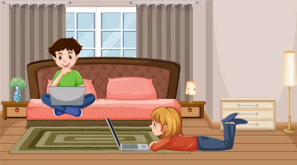 Kinderen Met Behulp Van Technologie Apparaten Thuis Illustratie — Stockvector