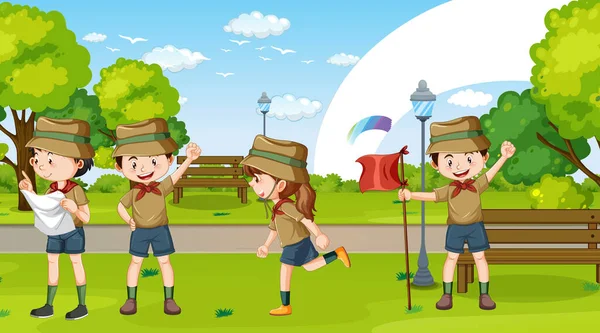 Εξωτερική Σκηνή Scout Παιδιά Εικονογράφηση — Διανυσματικό Αρχείο