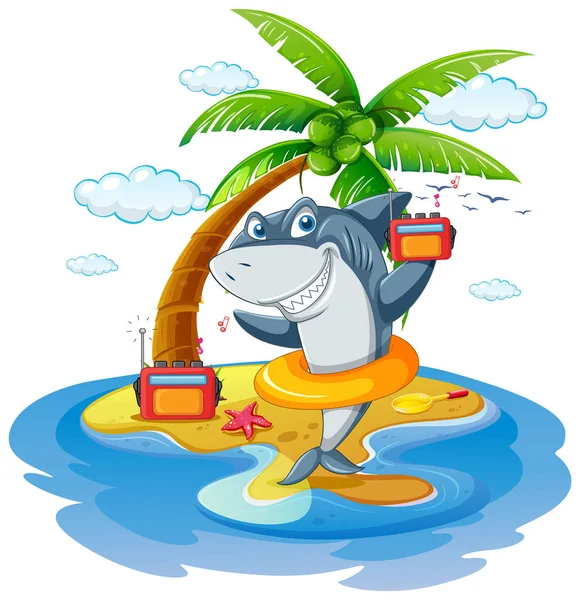 Shark Listening Music Island Illustration — Vettoriale Stock
