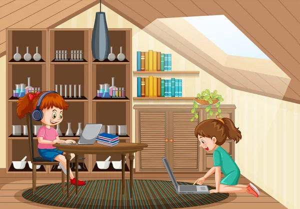 Діти Які Використовують Ноутбук Онлайн Навчання Ілюстрації — стоковий вектор