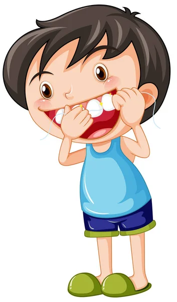 Netter Junge Cartoon Figur Zahnseide Zähne Illustration — Stockvektor