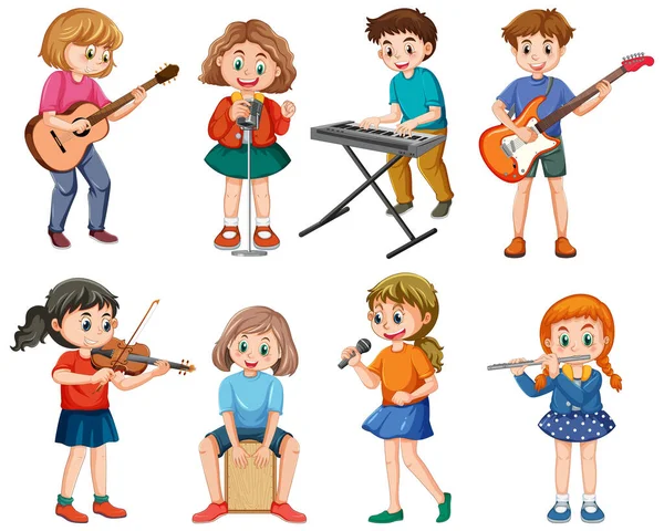 楽器のイラストを演奏する子供たちのセット — ストックベクタ