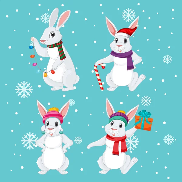 Quattro Conigli Tema Natalizio Illustrazione — Vettoriale Stock