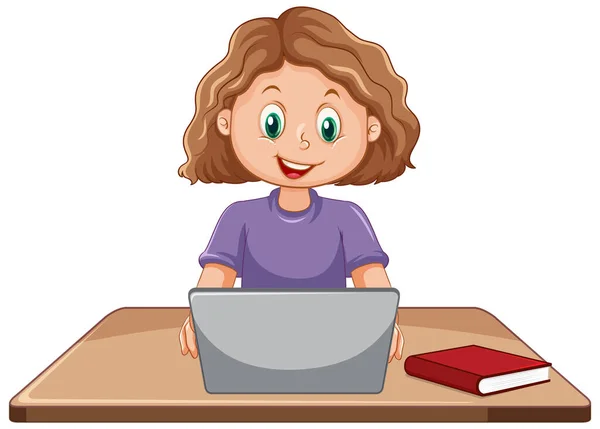 Girl Using Laptop Cartoon Illustration — Διανυσματικό Αρχείο