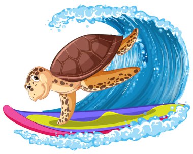 Cute turtle cartoon character surfing  illustration