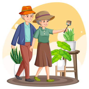 Selfie çeken sevimli yaşlı çift.