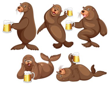 Set of different sea lions cartoon characters illustration