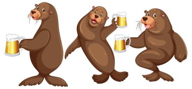Set of different sea lions cartoon characters illustration