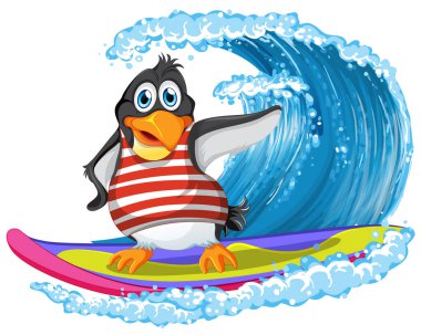 Cute penguin cartoon character surfing illustration