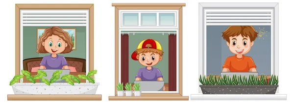 Enfants Utilisant Ordinateur Regardant Par Illustration Fenêtre — Image vectorielle