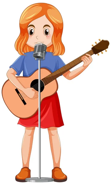 アコースティックギターのイラストを歌い演奏する少女 — ストックベクタ