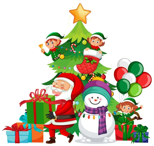 Χριστουγεννιάτικο Δέντρο Τον Άγιο Βασίλη Και Ξωτικά Εικονογράφηση — Διανυσματικό Αρχείο
