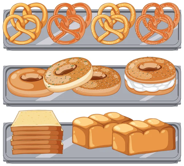 带有糕点产品插图的面包店展示 — 图库矢量图片