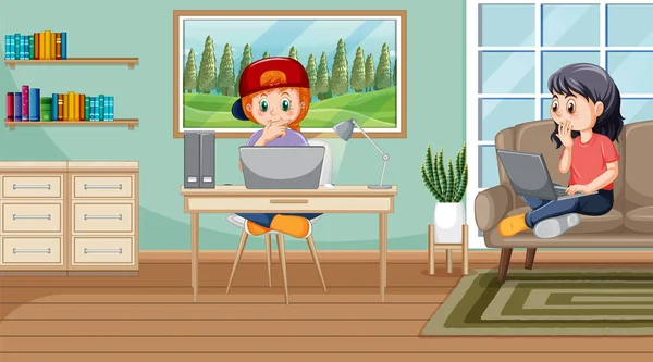 Home Scene Children Using Laptops Illustration — Image vectorielle