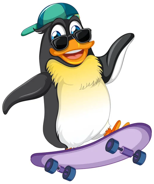 Cute Penguin Cartoon Character Skateboarding Illustration — Stockvektor