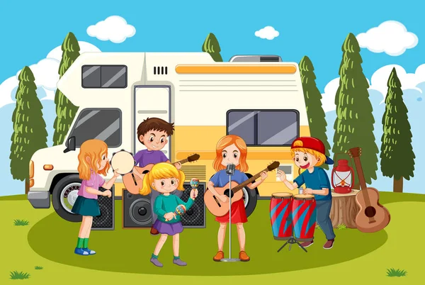 Crianças Tocando Música Parque Ilustração — Vetor de Stock