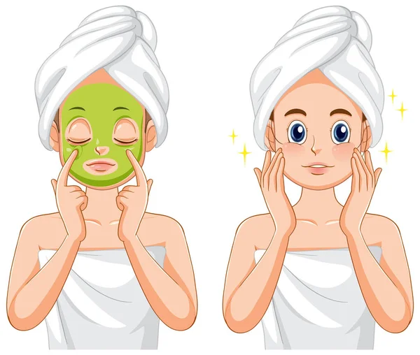 Femme Appliquant Masque Facial Traitement Illustration — Image vectorielle