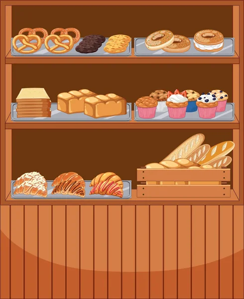 Bäckereivitrine Mit Brot Und Gebäck Illustration — Stockvektor