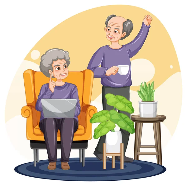 Senior Couple Using Laptop Home Illustration — Stock Vector