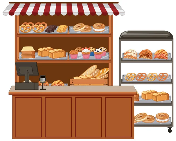 带有糕点产品插图的面包店展示 — 图库矢量图片