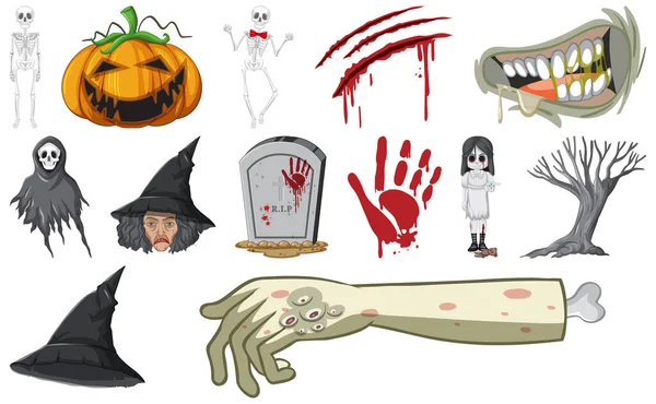 Ensemble Illustration Objet Effrayant Halloween — Image vectorielle