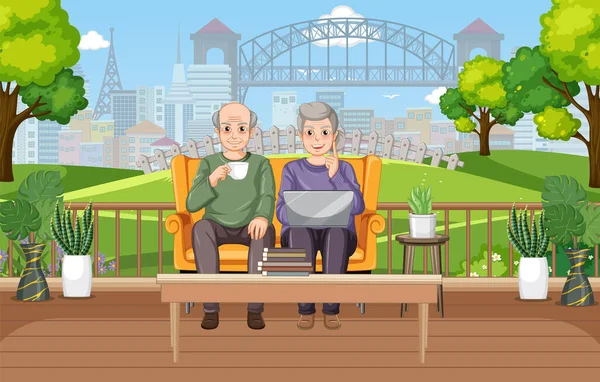 Oudere Paar Met Behulp Van Laptop Park Illustratie — Stockvector