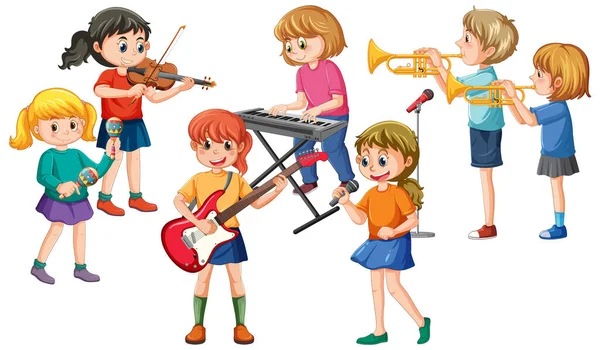 Niños Tocando Ilustración Instrumentos Musicales — Vector de stock