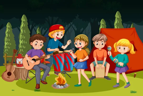 Bambini Che Suonano Musica Nel Parco Illustrazione — Vettoriale Stock